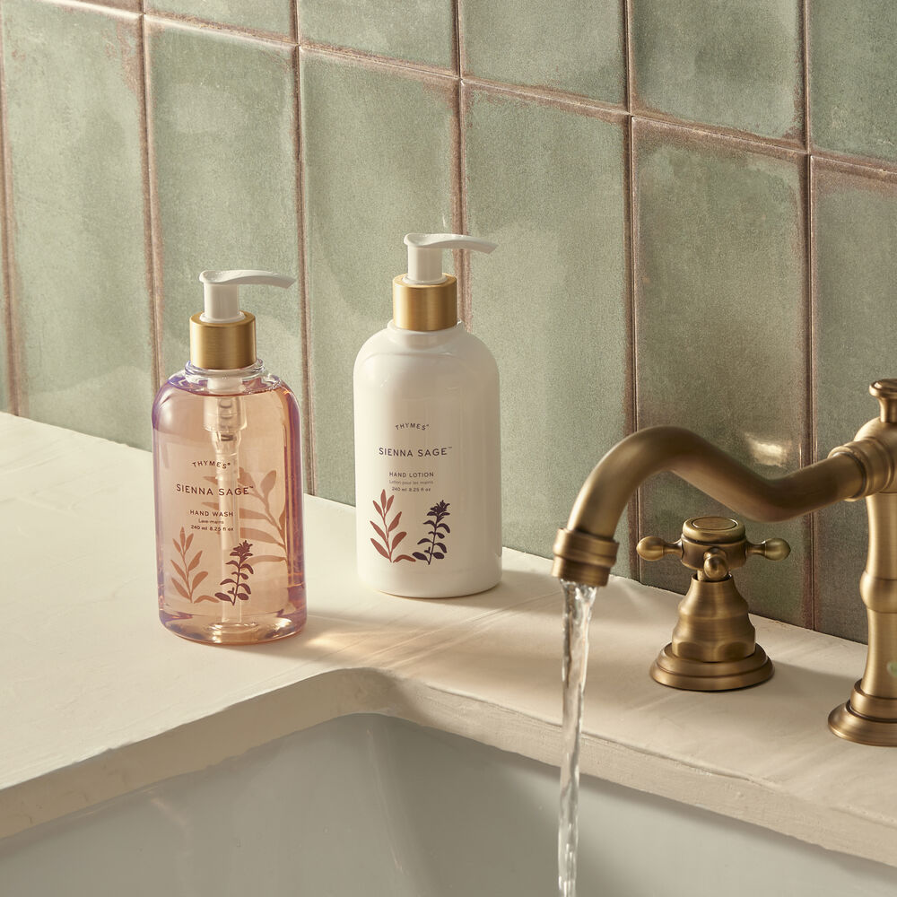 Thymes Sienna Sage Hand Lotion and Hand Wash Beside Sink image number 2